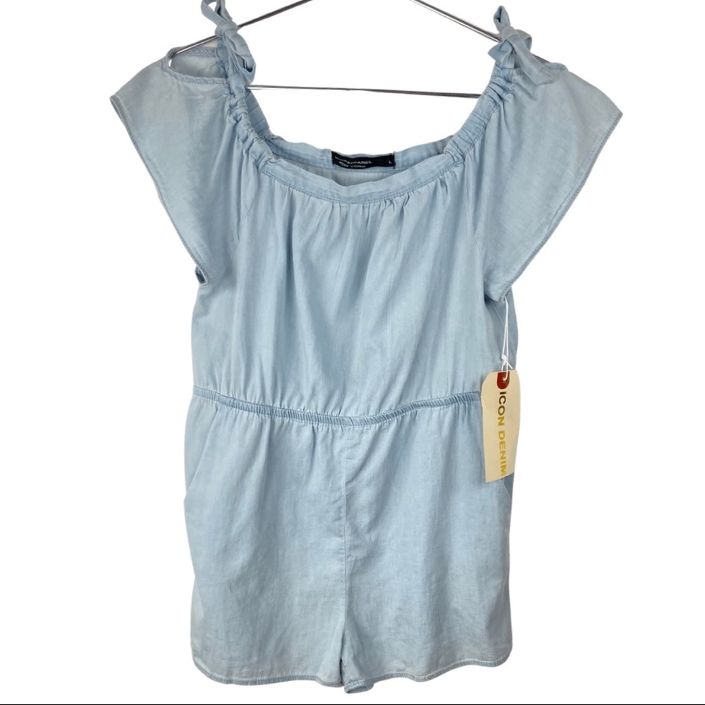 NWT ICON Apparel Off-Shoulder Chambray Shorts Romper Size L